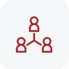 Red icon of a group of people on a white background, representing a social network